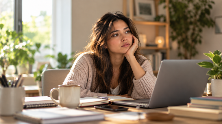 Thoughtful woman at a home workspace experiencing difficulty concentrating, a symptom that may occur with ADHD or anxiety.